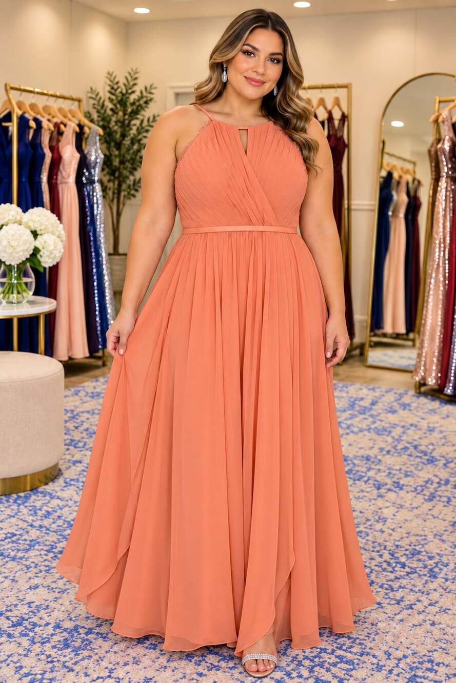 Azazie Coral Peach Chiffon Pleated Plus Size Formal Bridesmaid Evening Gown